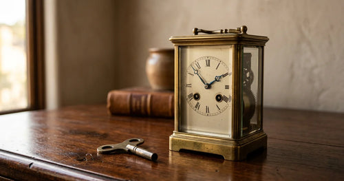 Elegant brass table clock with winding key on mahogany surface in natural light