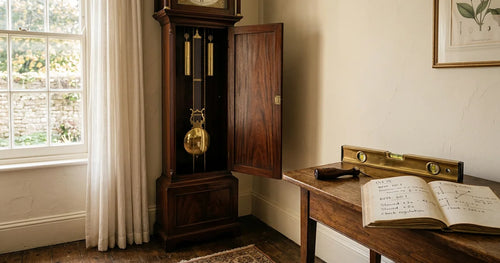 Open grandfather clock with brass pendulum and regulation tools on nearby table