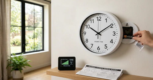 Digital atomic wall clock setup process with battery installation and signal reception
