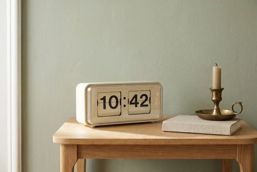 Flip clock with split-flap mechanical display in a warm minimalist interior