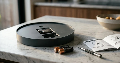 Wall clock battery replacement setup with alkaline batteries and instruction manual