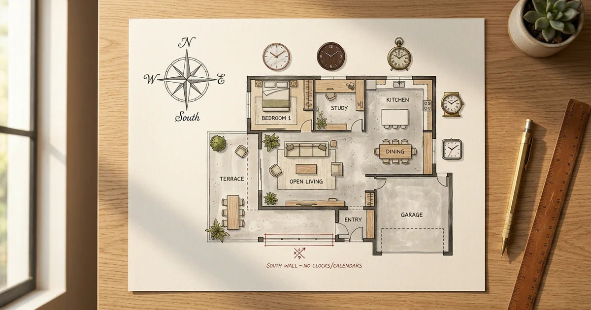 Architectural floor plan showing proper Vastu wall clock placement by direction
