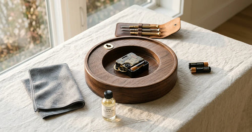 Wall clock maintenance tools and materials arranged for proper timepiece care