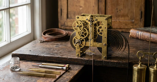 Cutaway antique wall clock mechanism showing energy conversion from spring to time display