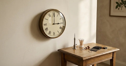 Stopped wall clock with hands frozen alongside repair tools and diagnostic equipment