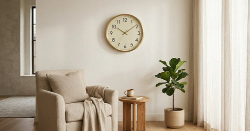 Brass circular wall clock on north wall in serene living room