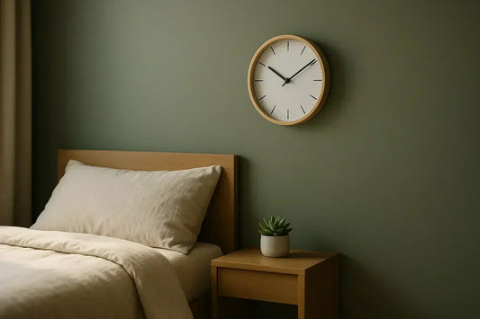 Minimalist bedroom corner featuring a round wall clock with a light wooden rim above a nightstand