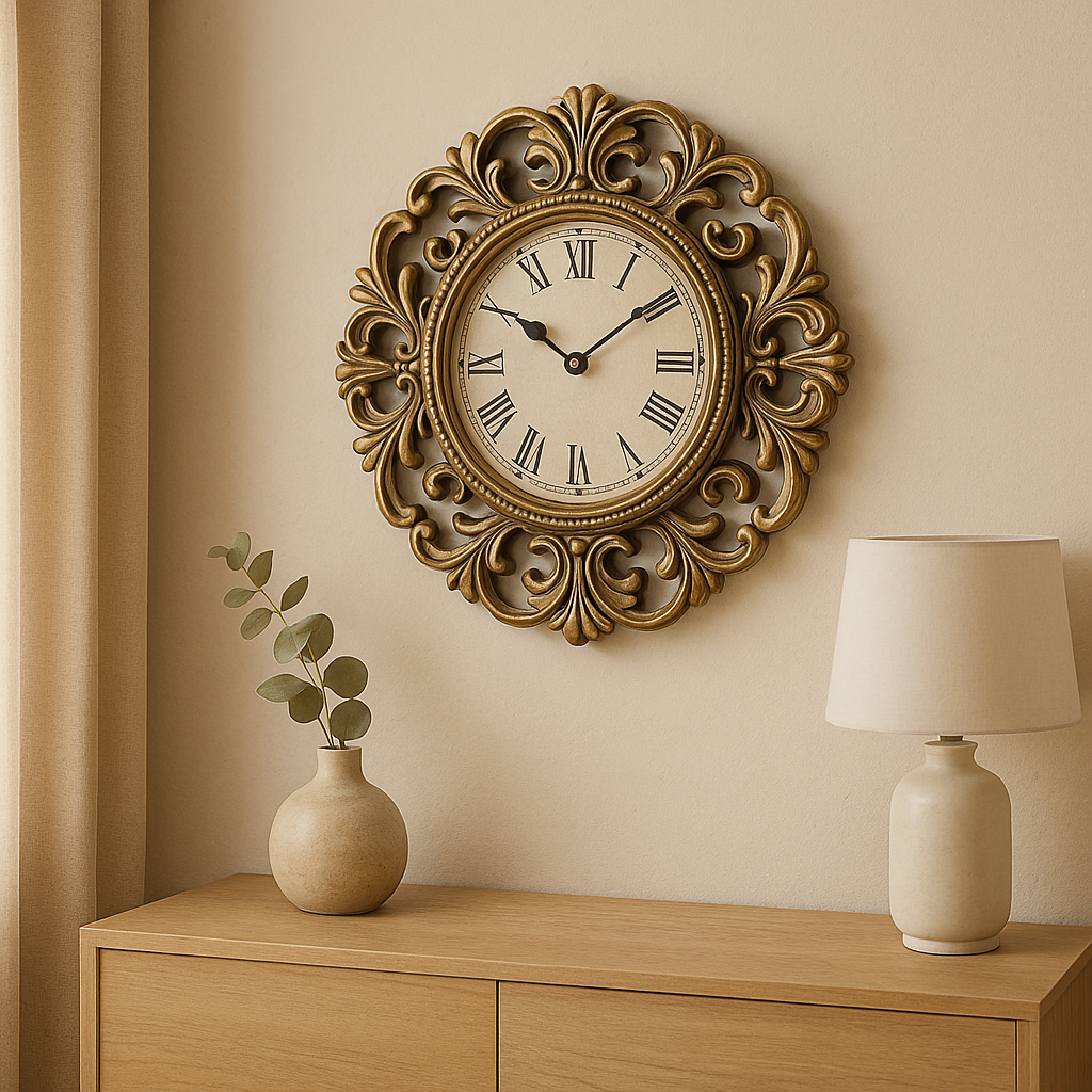 A decorative round clock with a gold frame and Roman numerals hangs above a wooden console table, featuring a beige vase with eucalyptus and a ceramic lamp.