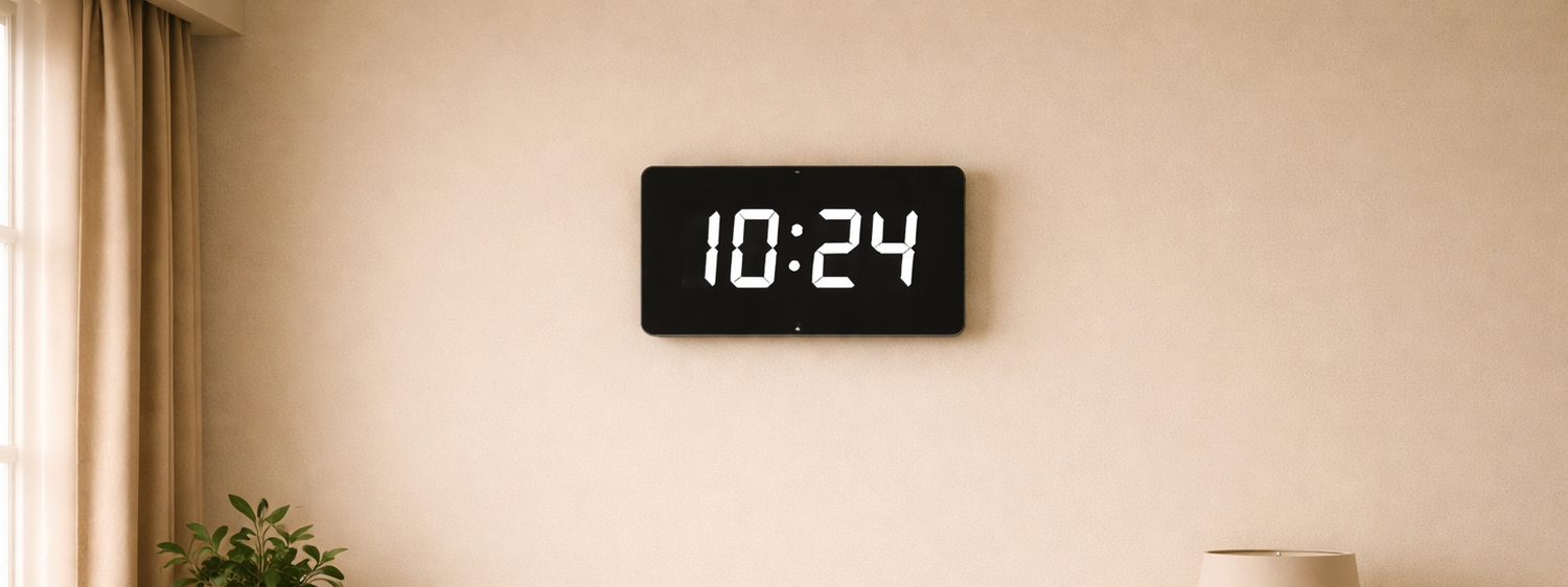 A cozy living-room corner features a light-beige sofa, rust-brown throw pillow, wooden side table with a beige lamp, and a rectangular digital clock displaying 10:24.