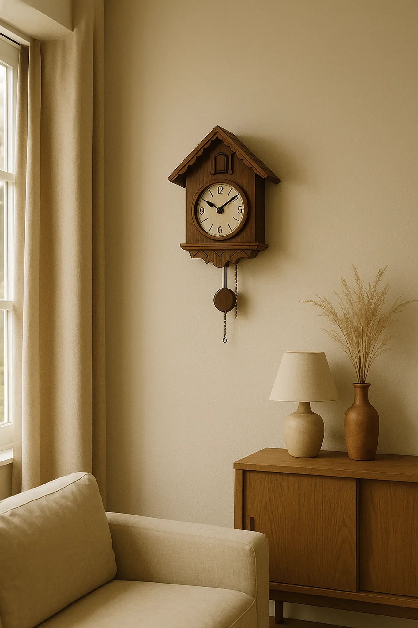 A light-beige sofa sits by a window with matching curtains. Above a wooden sideboard, a house-shaped pendulum clock is mounted, complemented by a ceramic lamp and vase with dried grasses.