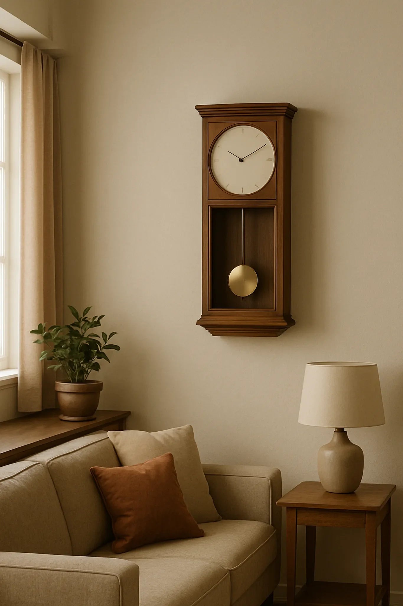 A vintage-style wooden pendulum clock with a brass bob is mounted above a beige sofa, enhancing the minimalist, warm aesthetic of the living-room corner.