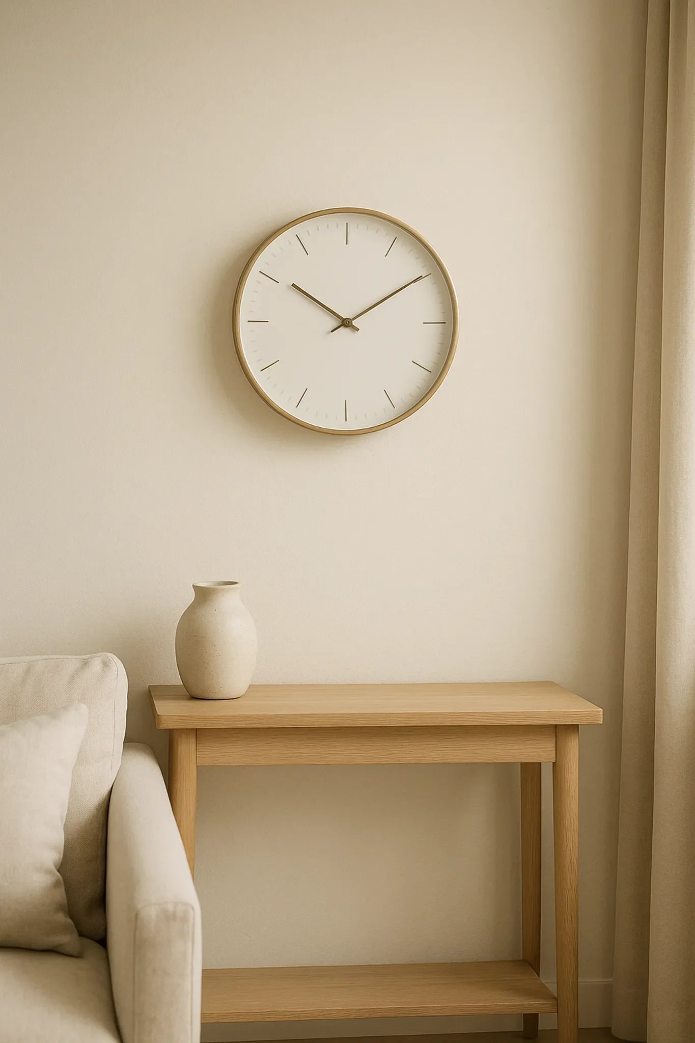 Round wall clock with gold-tone frame and minimalist design, hanging above a light-oak console table with a ceramic vase; part of The Horologista's collection.