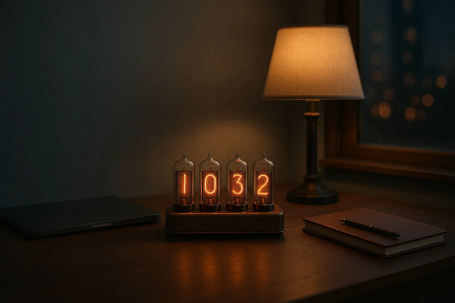 A vintage-style-tube clock displaying 1032 on a cozy night desk setup with a lamp, closed notebook, pen, and laptop.