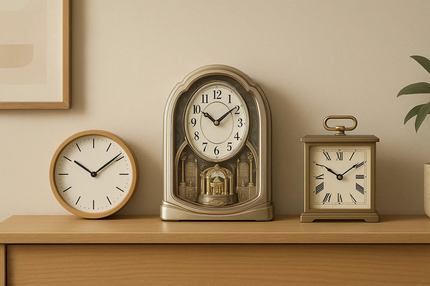 A trio of tabletop clocks: a minimalist round wall-style, ornate mantel with Arabic numerals, and a brass-tone carriage clock with Roman numerals, styled on a light wood surface.