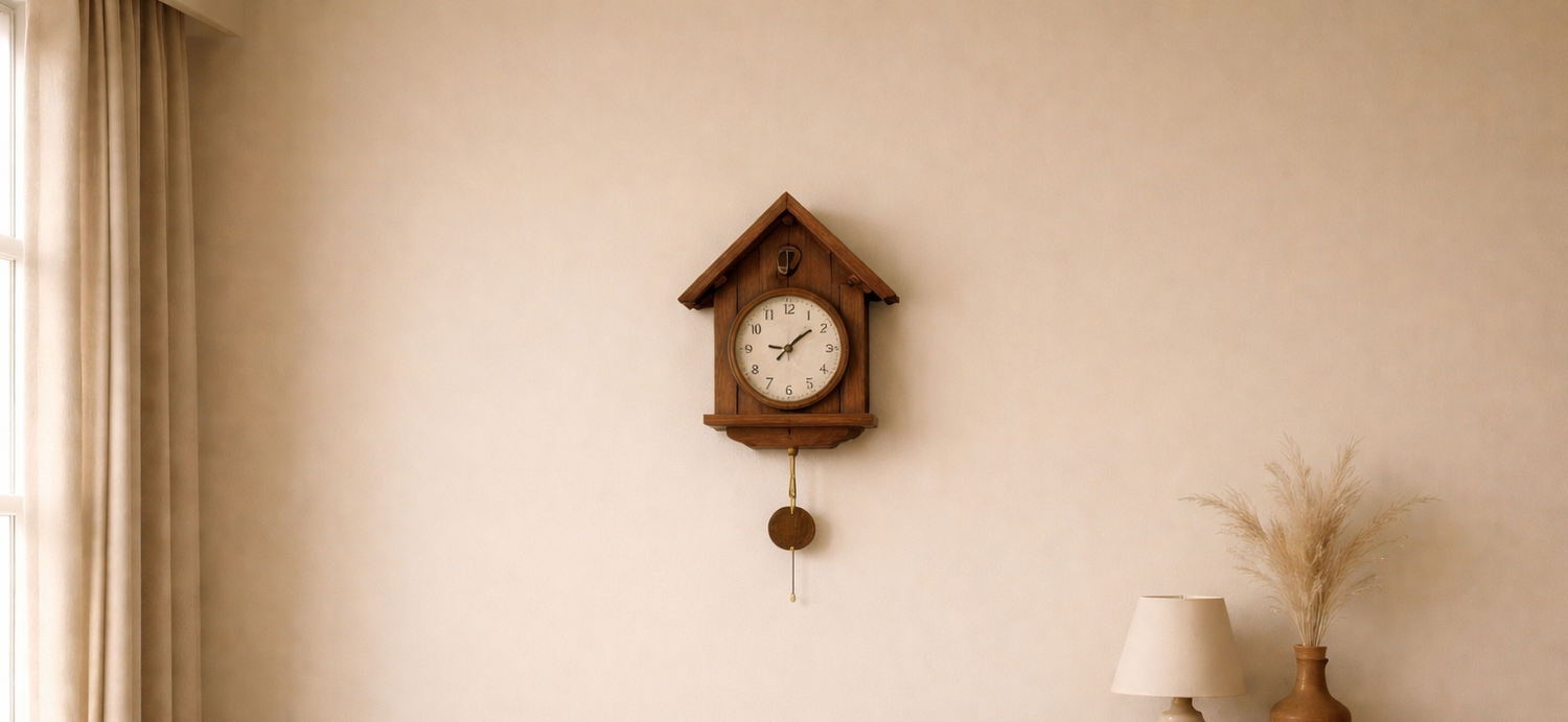 A light-beige sofa sits by a window with matching curtains. Above a wooden sideboard, a house-shaped pendulum clock is mounted, complemented by a ceramic lamp and vase with dried grasses.
