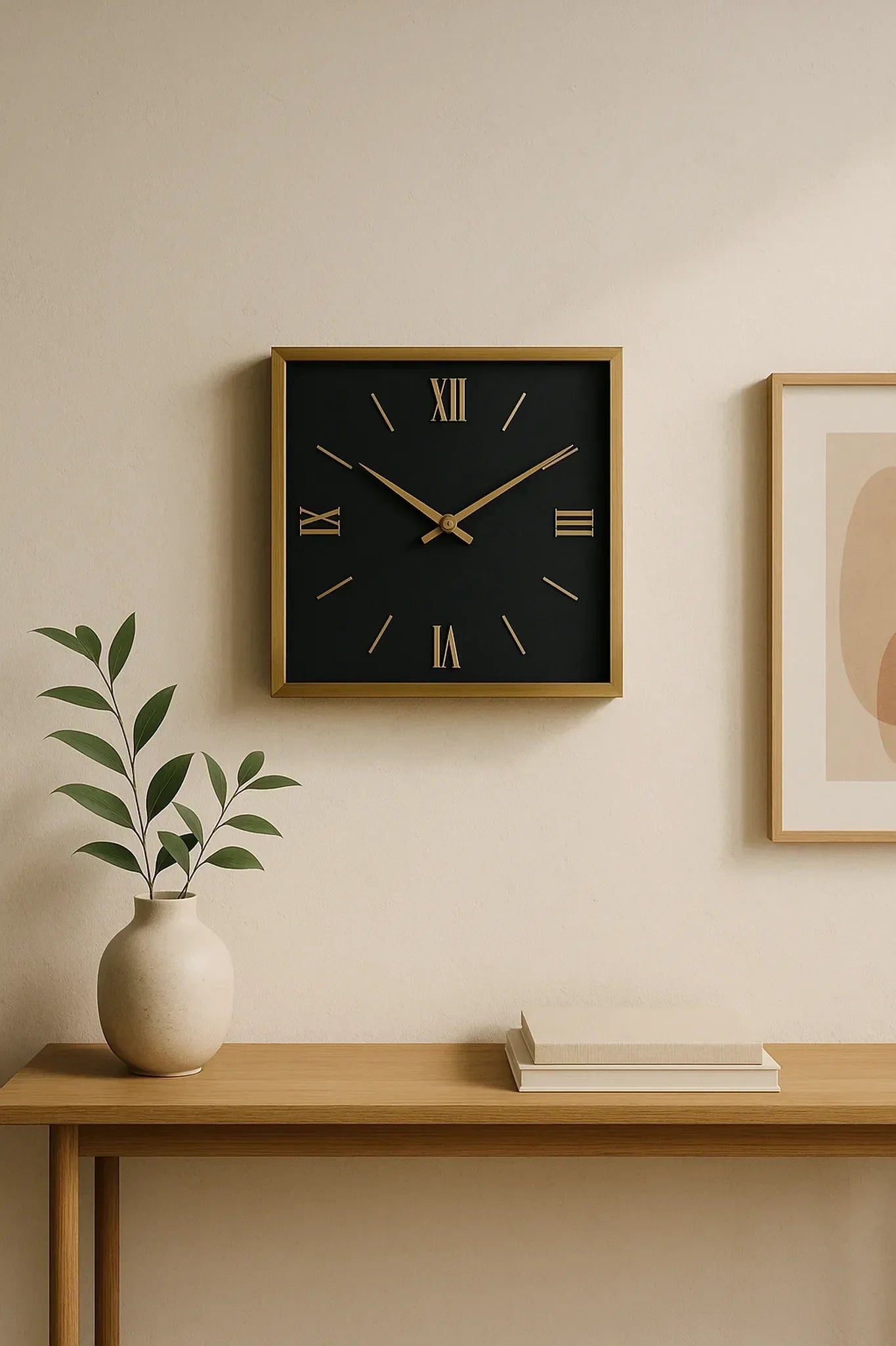 Vintage-style decorative analog clock on a teal wall, time at 10:10, above a wooden sideboard with a glass vase and a hardcover book.