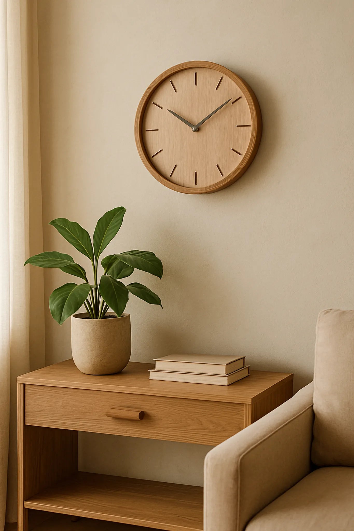 A small light-wood side table with a stone pot plant and books, beside a beige armchair. Above, a round wooden wall clock with minimalist markers.