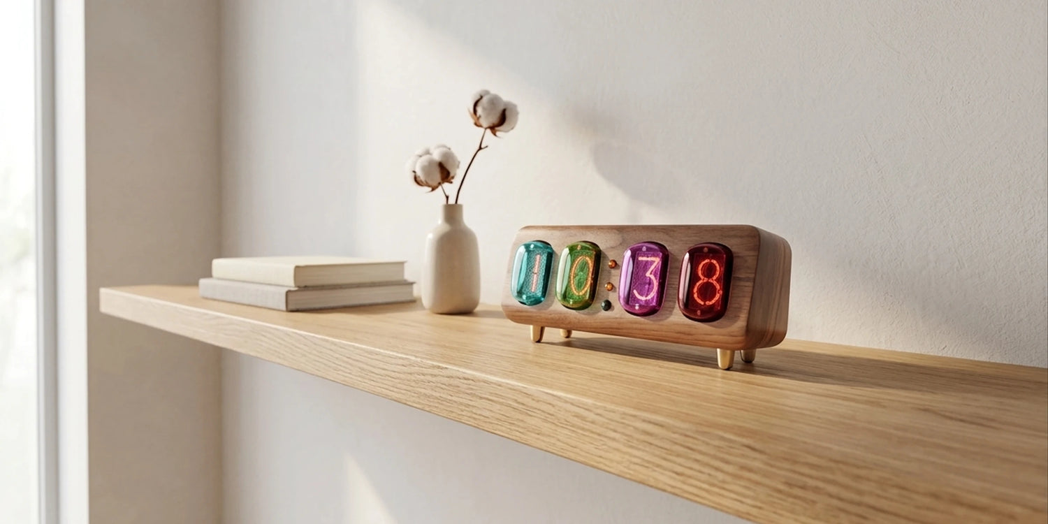 Nixie tube clock with warm orange neon glow on a natural oak shelf — authentic vintage tubes in a walnut wood enclosure