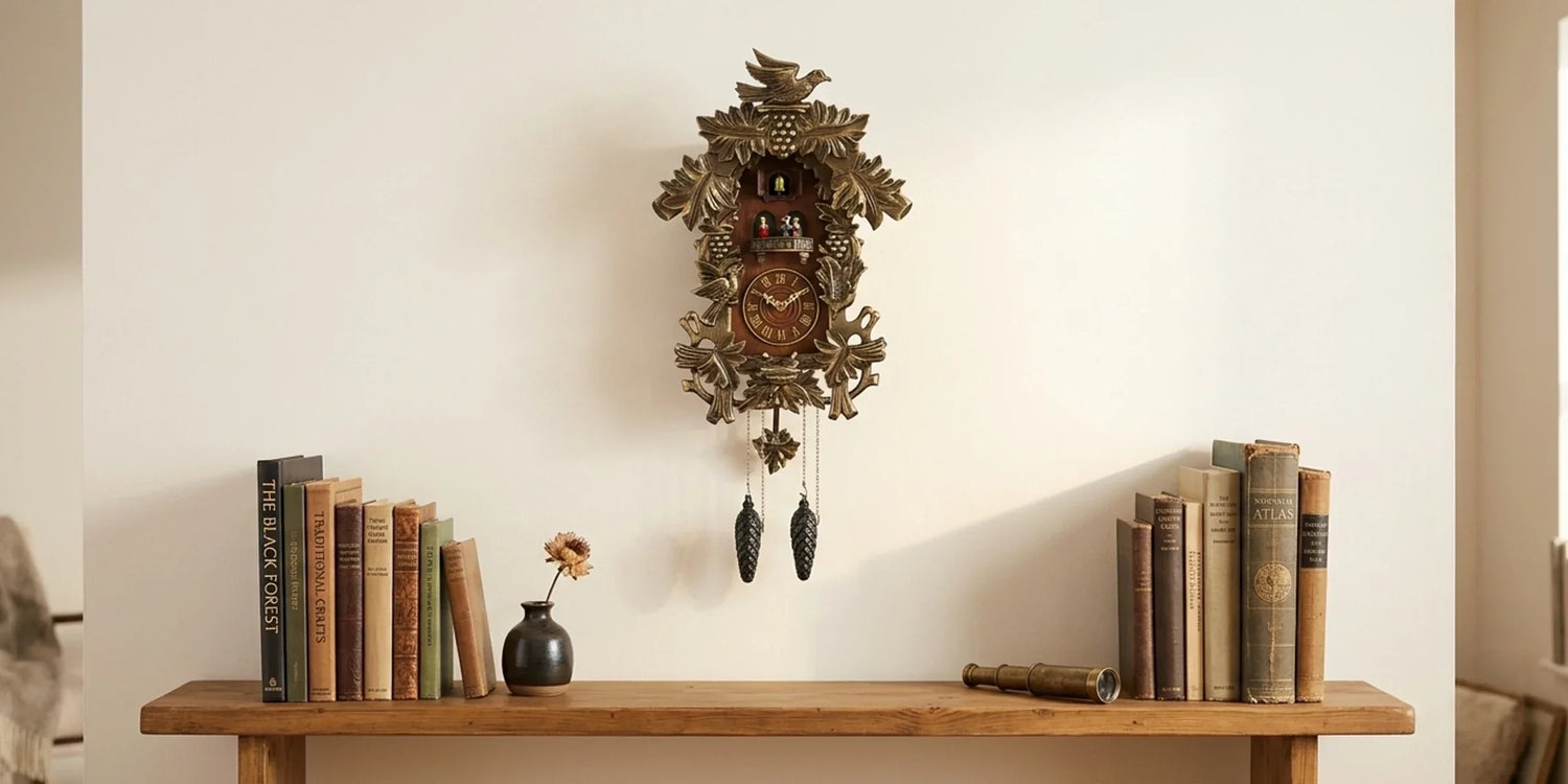 Traditional hand-carved cuckoo clock with Black Forest chalet design on a bright wall — authentic wooden craftsmanship with mechanical singing bird