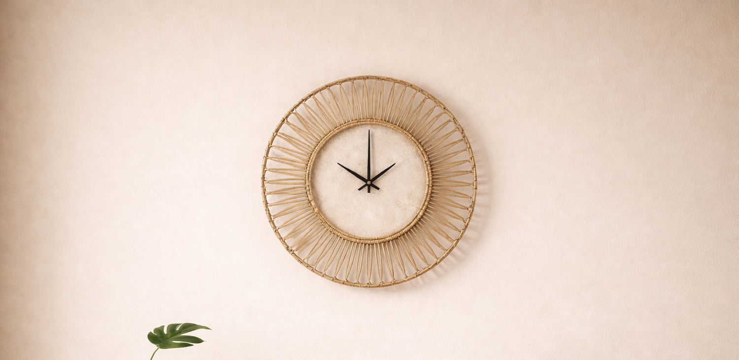 decorative wall clock on a teal wall, time at 10:10, above a wooden sideboard with a glass vase and a hardcover book.