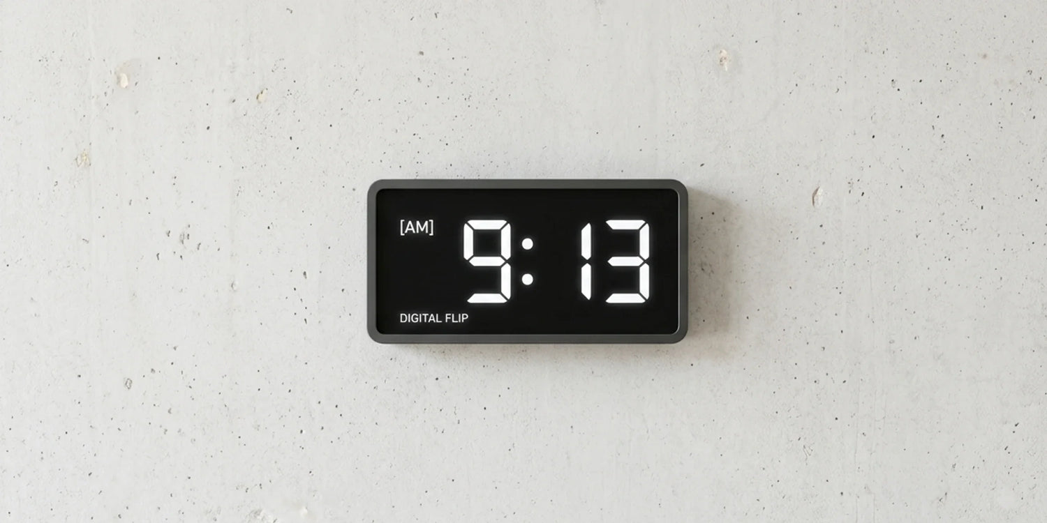 A cozy living-room corner features a light-beige sofa, rust-brown throw pillow, wooden side table with a beige lamp, and a rectangular digital clock displaying 10:24.