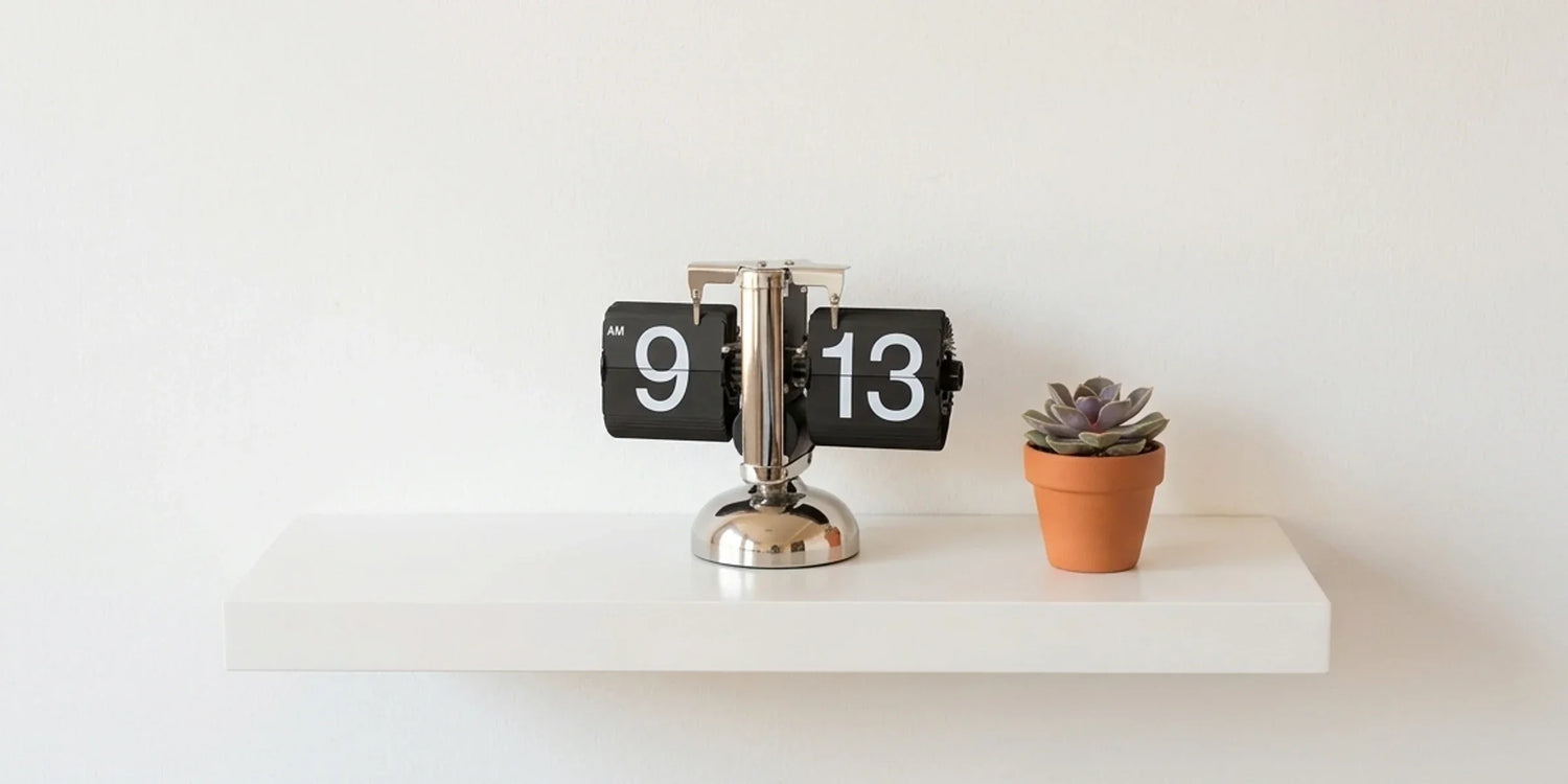 Retro split-flap flip clock with mechanical card display on a wooden desk — vintage aesthetic with authentic flipping mechanism