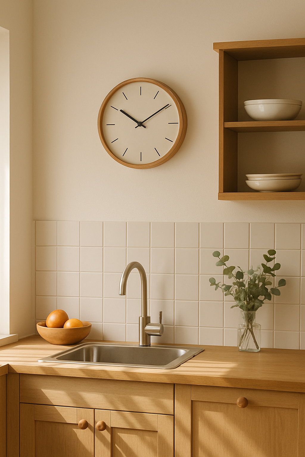A minimalist round wooden wall clock hangs above a light-wood countertop in a sunlit kitchen, complemented by a stainless-steel sink and simple decor elements.