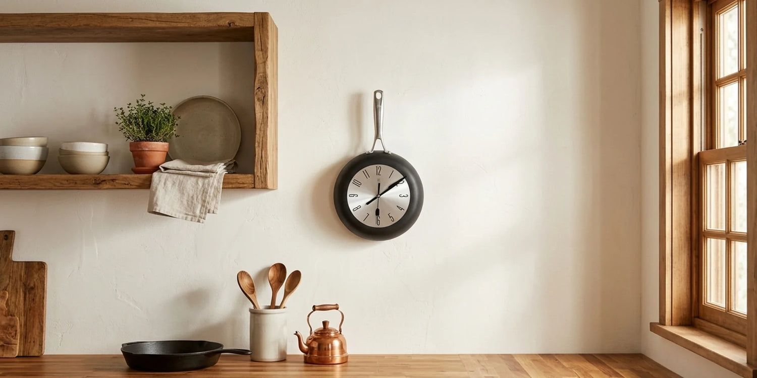 A minimalist round wooden wall clock hangs above a light-wood countertop in a sunlit kitchen, complemented by a stainless-steel sink and simple decor elements.