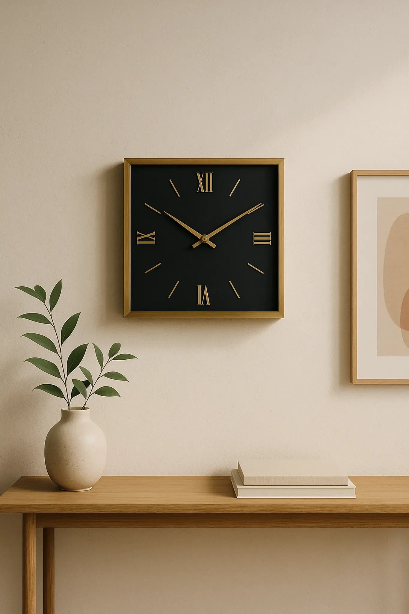Square wall clock with black face, gold frame, and Roman numerals on a minimalist wall, above a console table with a vase and books.