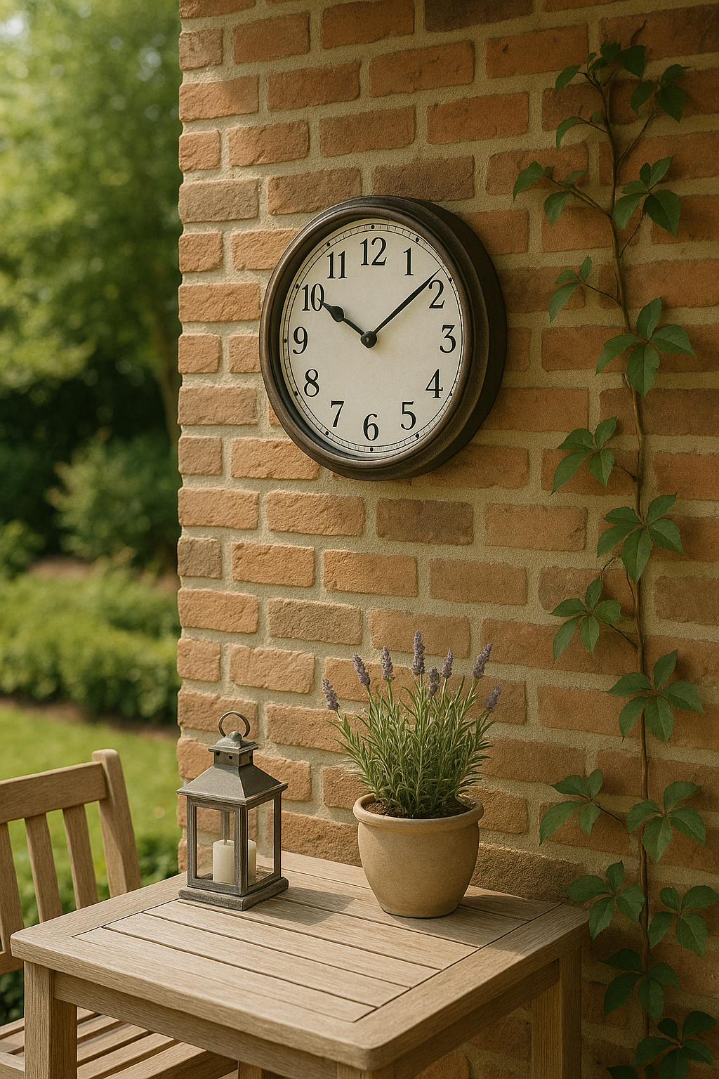 A vintage-style wall clock shows 10:10 on a brick patio, complemented by a wooden table with a potted lavender plant and metal lantern, amidst climbing vines.