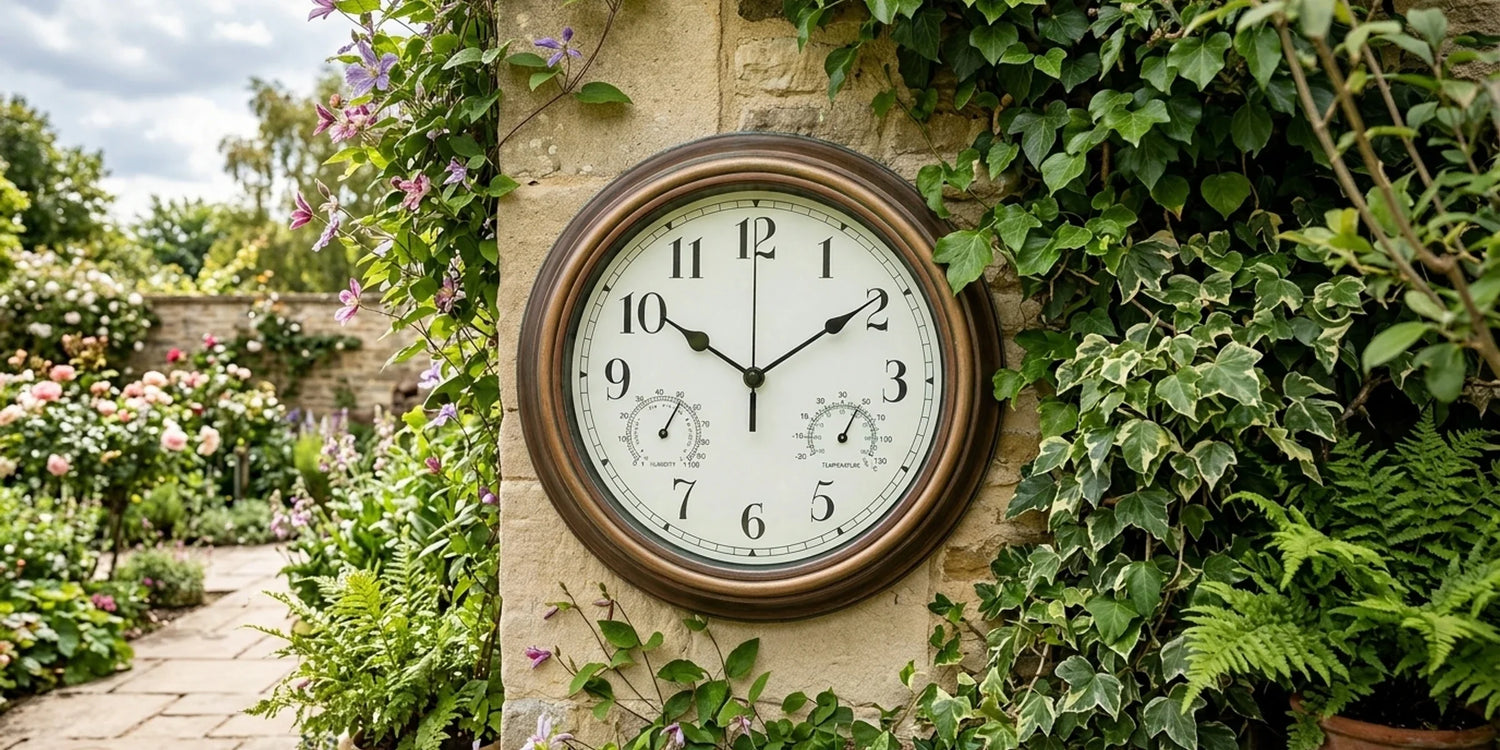 A vintage-style wall clock shows 10:10 on a brick patio, complemented by a wooden table with a potted lavender plant and metal lantern, amidst climbing vines.