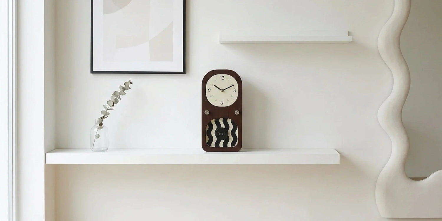 Wooden desk clock with a natural grain finish styled on a workspace, blending natural beauty and precision, from The Horologista's Wooden Desk Clocks collection.
