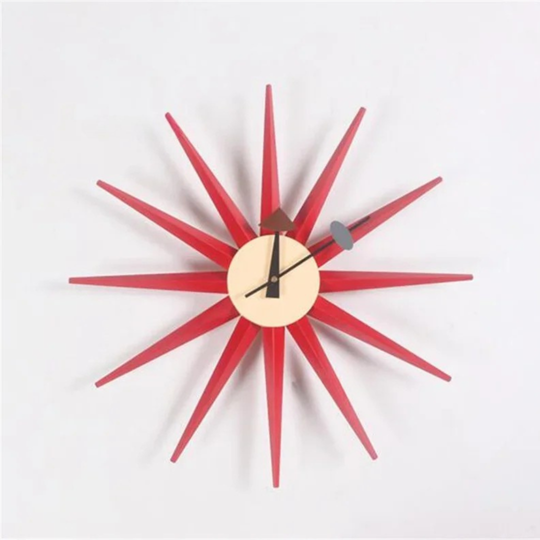 Rovell features a central round face with minimalist hands, surrounded by long tapered spokes, embodying mid-century modern style