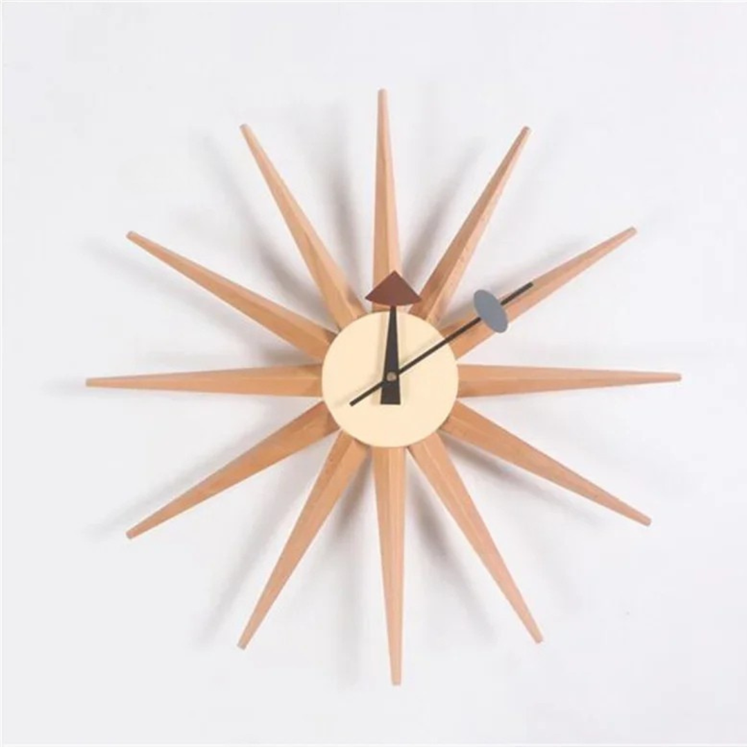 Rovell: A mid-century modern clock with a central dial and wooden rays, featuring geometric hands. Perfect for adding classic elegance to any space.