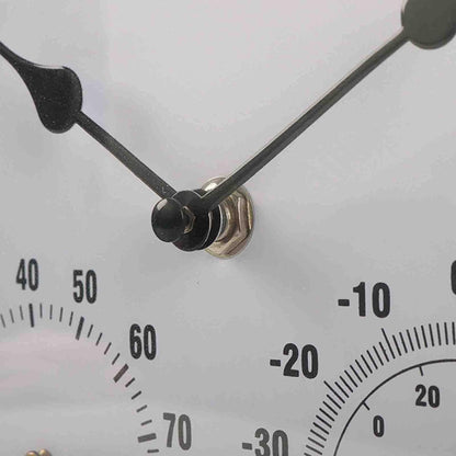 Large outdoor wall clock - Sylva features dual black pointer arms on a multi-dial face, showing time and temperature from 40–70 and –30 to +20, ideal for patios or gardens.