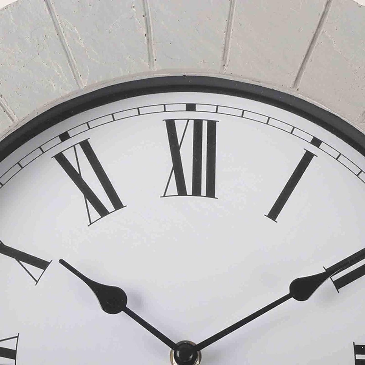 Large outdoor wall clock - Sylva featuring a white face with black Roman numerals and slender black hands, ideal for patios and gardens, mounted against a textured background, adding timeless elegance to any space.