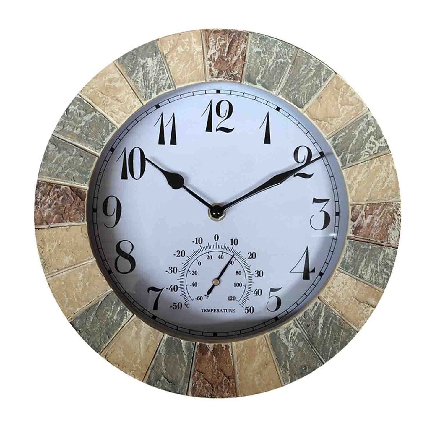 Large outdoor wall clock - Sylva set in a multicolored stone-tile frame with a white face, black hands, and an integrated thermometer, ideal for enhancing any patio or garden space.