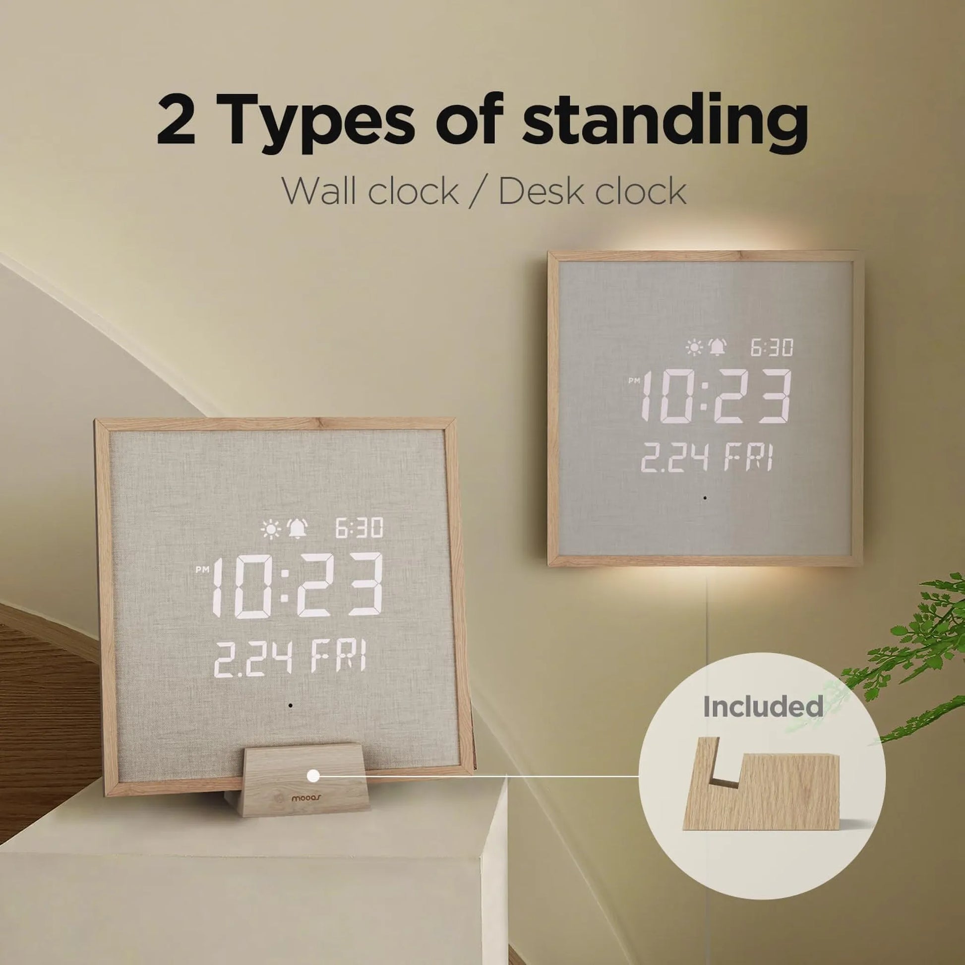 Modern Digital Wall Clock - Belcroft: Two square clocks with light wood frames, featuring LED displays of time, alarm, and date. Includes stand and wall mount option for versatile placement.