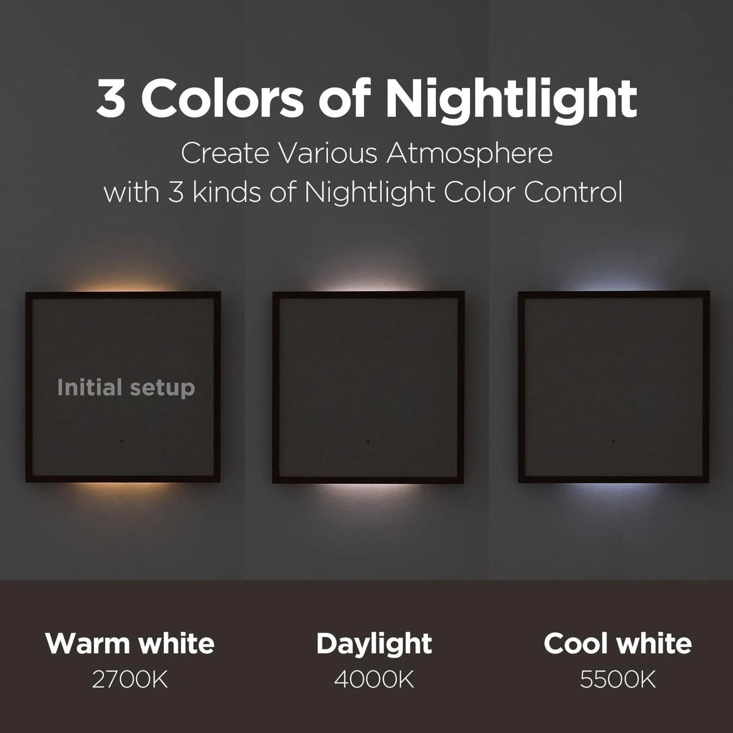 Modern Digital Wall Clock - Belcroft: Showcasing three color temperatures for wall-mounted frames, this clock projects time onto a clear panel, offering a futuristic floating numbers effect with warm, daylight, and cool hues.