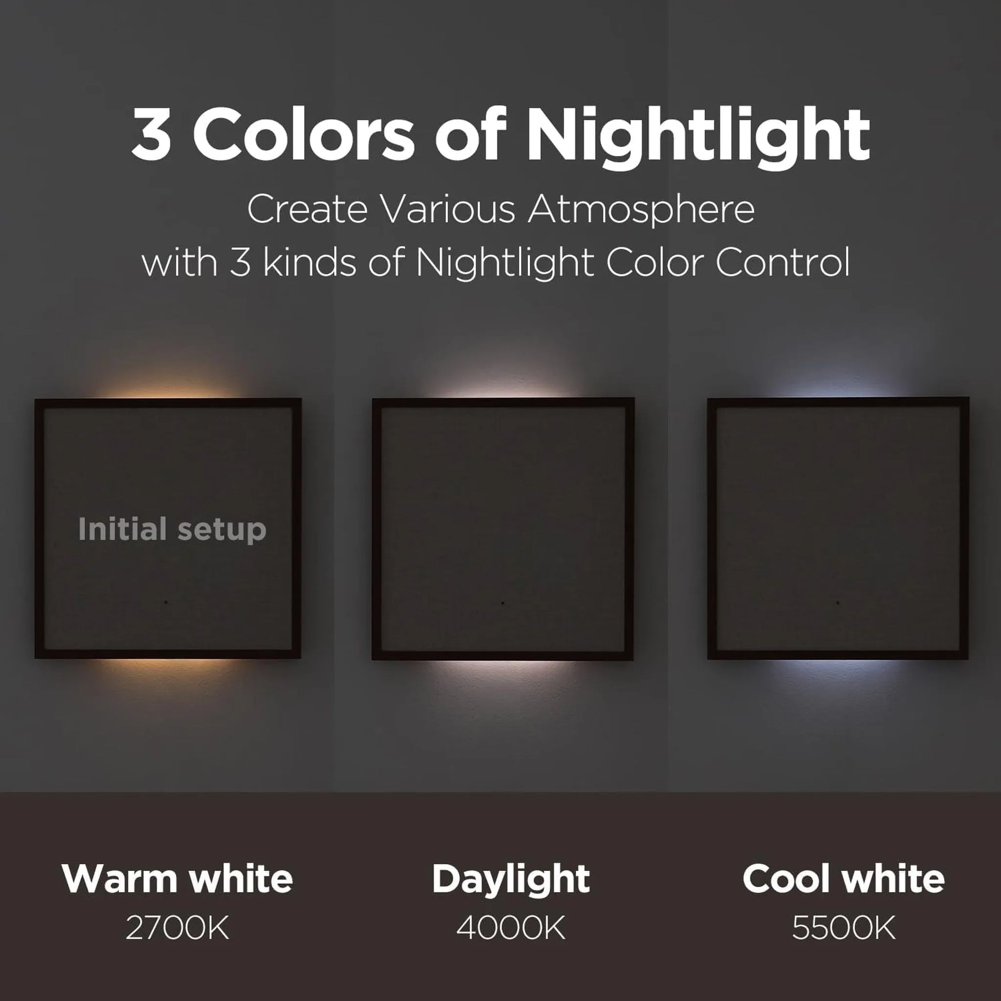 Modern Digital Wall Clock - Belcroft: Showcasing three color temperatures for wall-mounted frames, this clock projects time onto a clear panel, offering a futuristic floating numbers effect with warm, daylight, and cool hues.