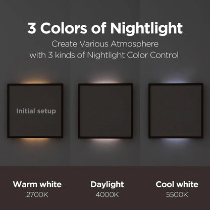 Modern Digital Wall Clock - Belcroft: Showcasing three color temperatures for wall-mounted frames, this clock projects time onto a clear panel, offering a futuristic floating numbers effect with warm, daylight, and cool hues.