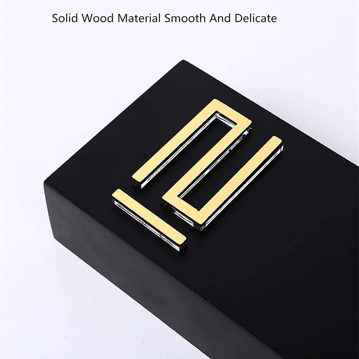 Set of four modern gold-finish handles displayed on black block; tagline reads Solid Wood Material Smooth And Delicate.