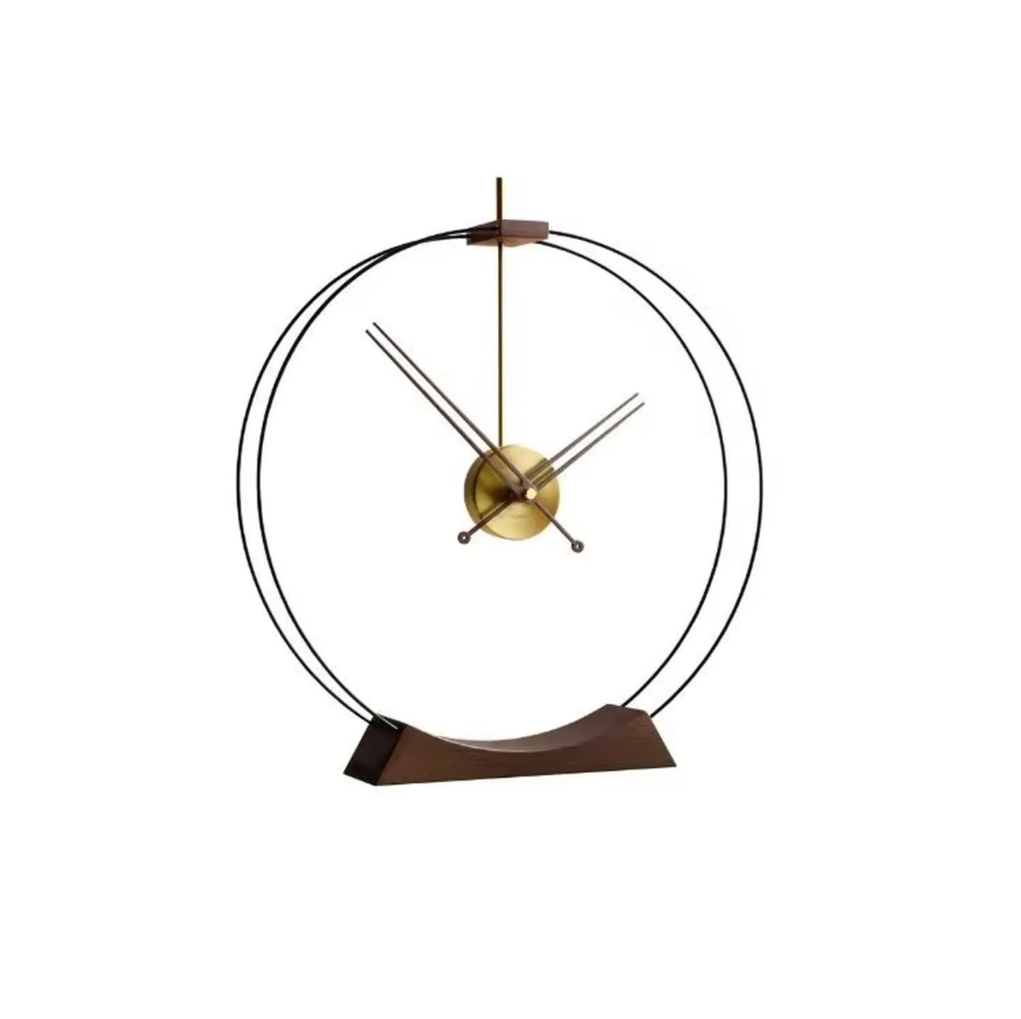 Design table clock - Bexley: A minimalist tabletop clock with a curved wooden base, two metal hoops forming a circle, and a central brass hub with four slender hands, embodying contemporary elegance.