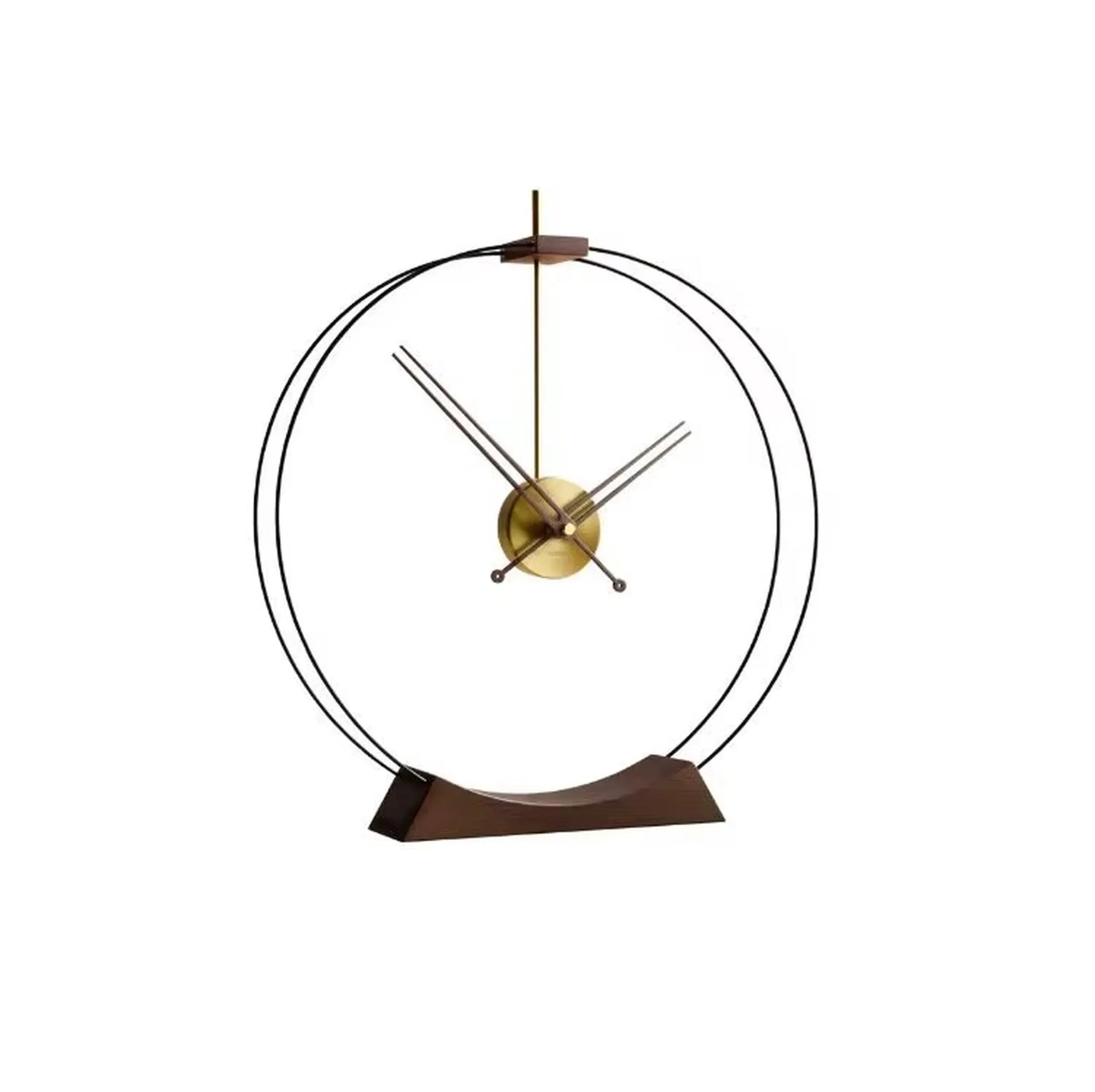 Design table clock - Bexley: A minimalist tabletop clock with a curved wooden base, two metal hoops forming a circle, and a central brass hub with four slender hands, embodying contemporary elegance.