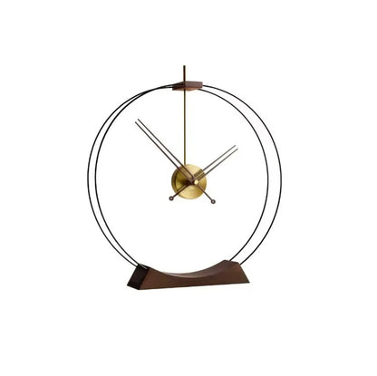 Design table clock - Bexley: A minimalist tabletop clock with a curved wooden base, two metal hoops forming a circle, and a central brass hub with four slender hands, embodying contemporary elegance.