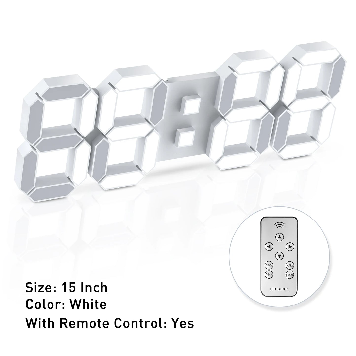 3D Digital Clock - Elmsdon: A modern 15-inch wall clock with 3D LED digits and analog hands, accompanied by an infrared remote for easy control of time, alarms, and brightness.