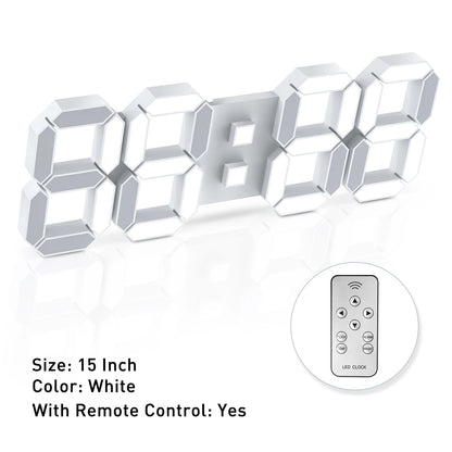3D Digital Clock - Elmsdon: A modern 15-inch wall clock with 3D LED digits and analog hands, accompanied by an infrared remote for easy control of time, alarms, and brightness.