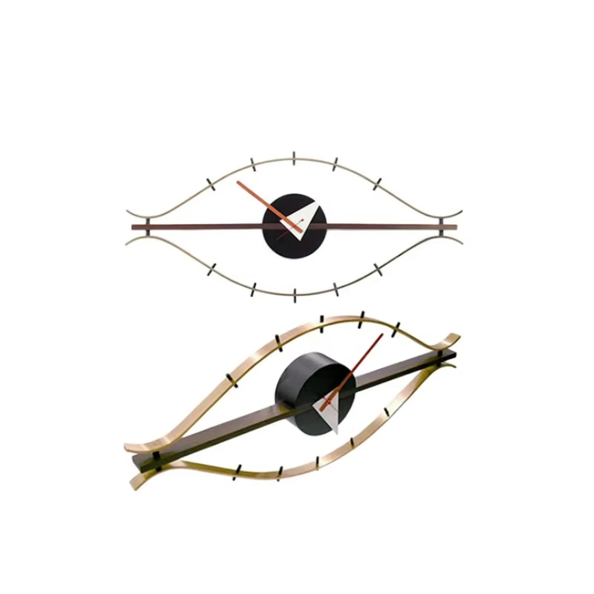 30-inch decorative wall clock - Ashen, features a mid-century-modern eye shape with gold-tone frame, red and white hands, and black tick-marks, exemplifying The Horologista’s blend of industrial style and vintage charm.