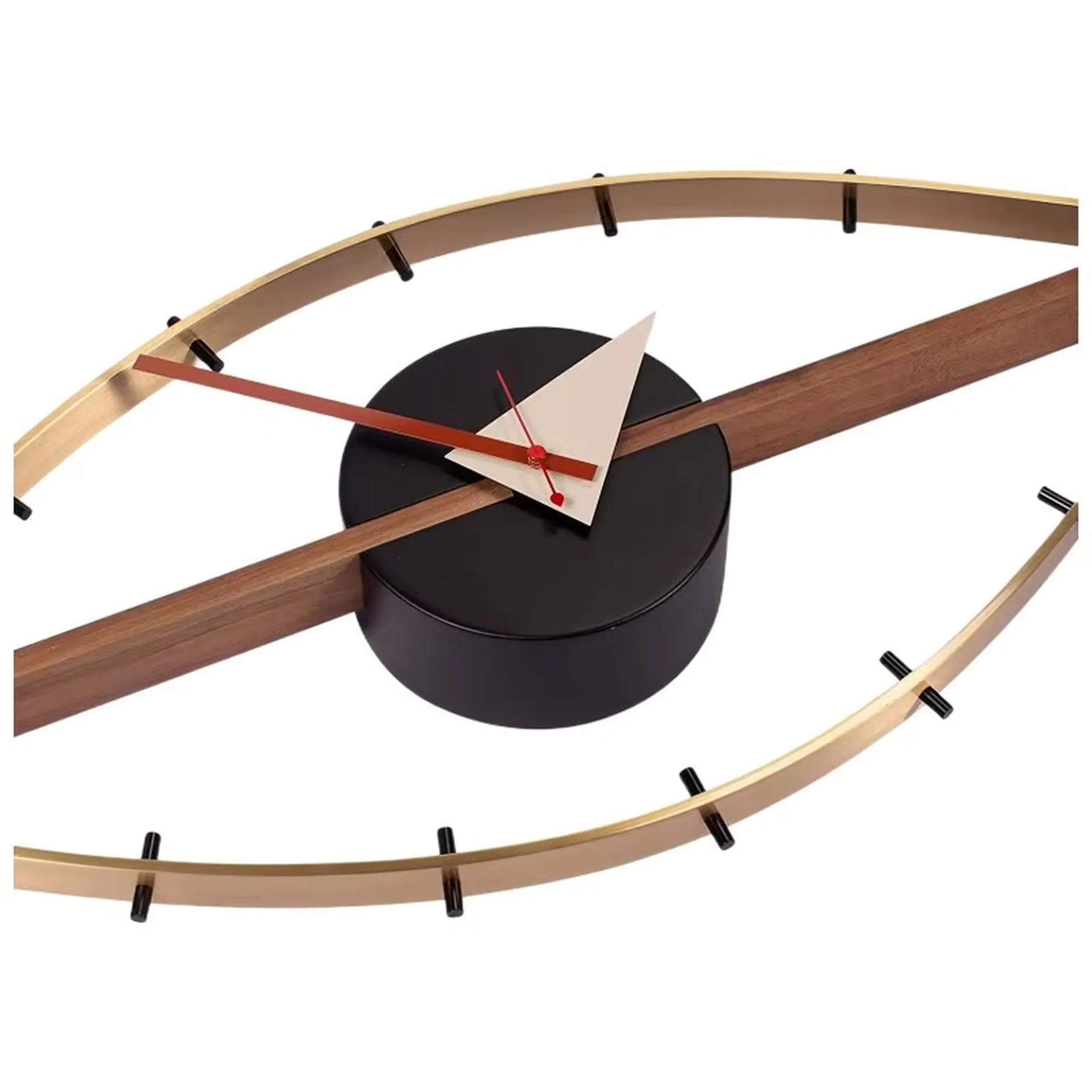 30-inch decorative wall clock - Ashen features a brass-tone ring, black center, wooden accent, and unique hands, creating a blend of industrial style with vintage charm, perfect for modern interiors.