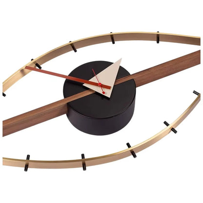 30-inch decorative wall clock - Ashen features a brass-tone ring, black center, wooden accent, and unique hands, creating a blend of industrial style with vintage charm, perfect for modern interiors.